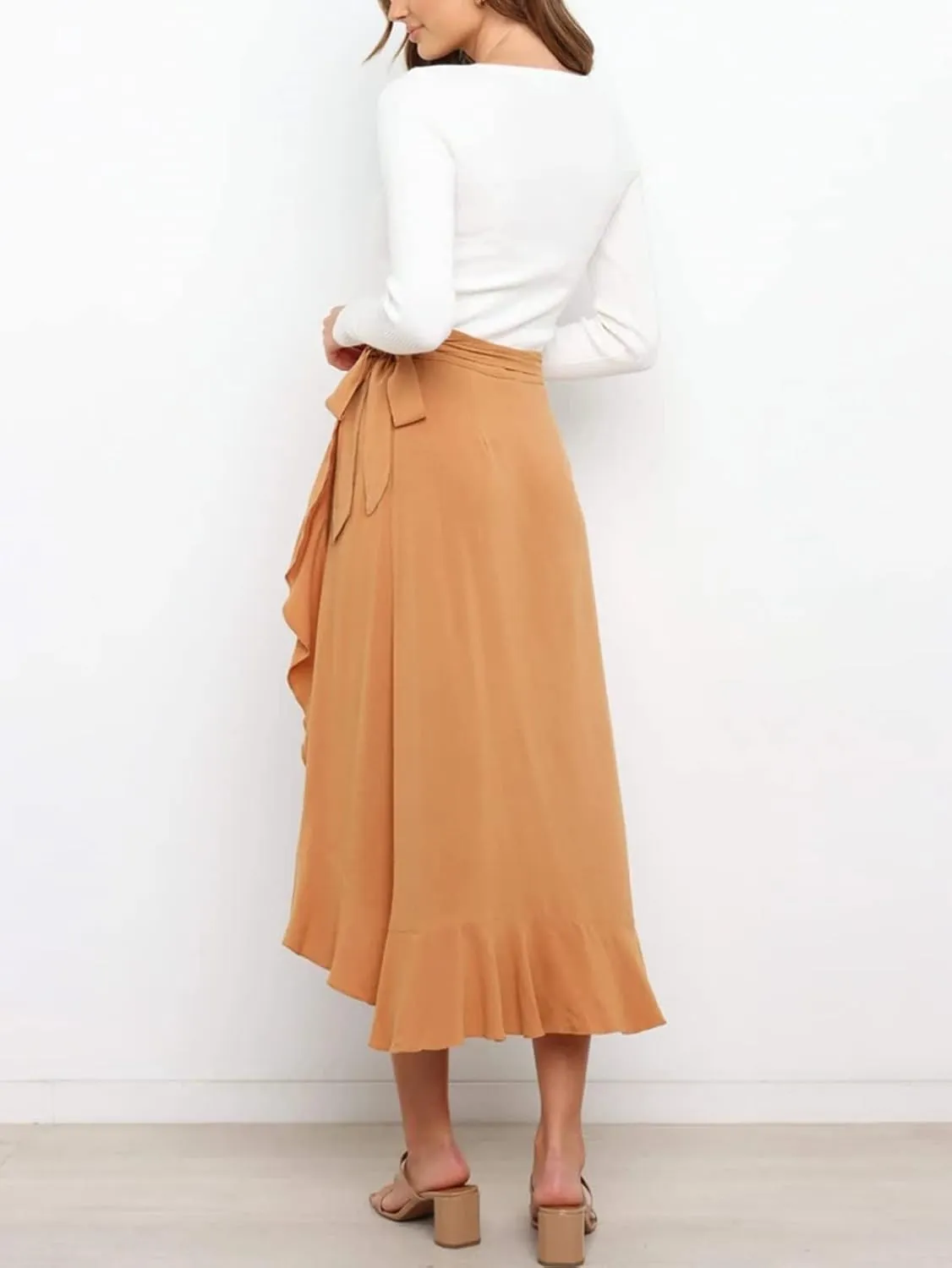 Panegy Ruffle High Low Waist Flowy A Line Boho Skirt for Women Solid Color Floral Print Skirts