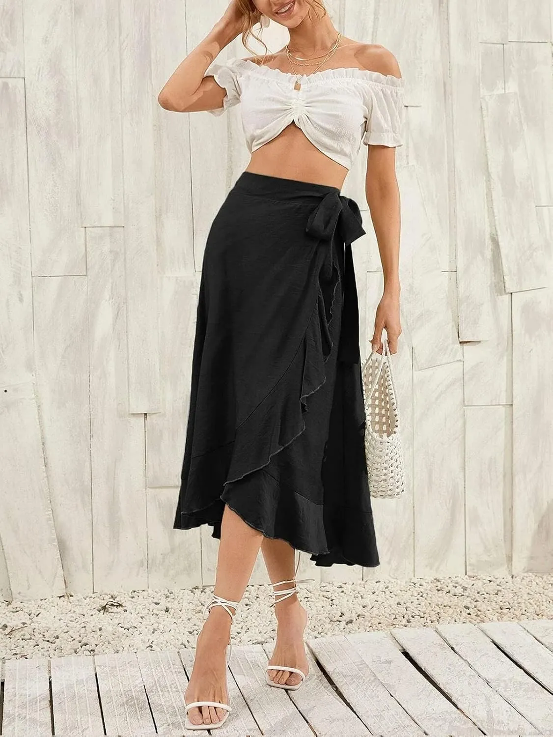 Panegy Ruffle High Low Waist Flowy A Line Boho Skirt for Women Solid Color Floral Print Skirts