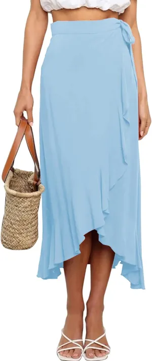 Panegy Ruffle High Low Waist Flowy A Line Boho Skirt for Women Solid Color Floral Print Skirts