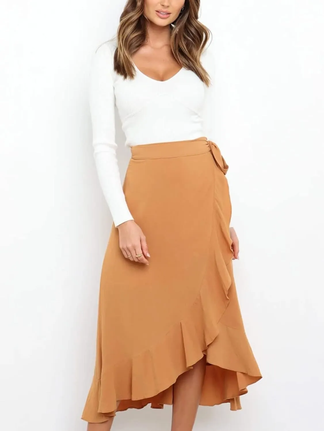 Panegy Ruffle High Low Waist Flowy A Line Boho Skirt for Women Solid Color Floral Print Skirts