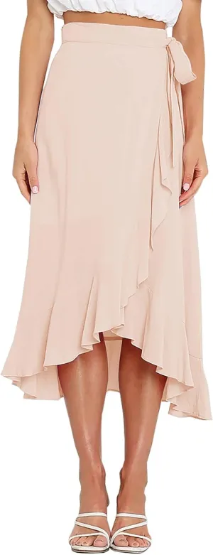 Panegy Ruffle High Low Waist Flowy A Line Boho Skirt for Women Solid Color Floral Print Skirts