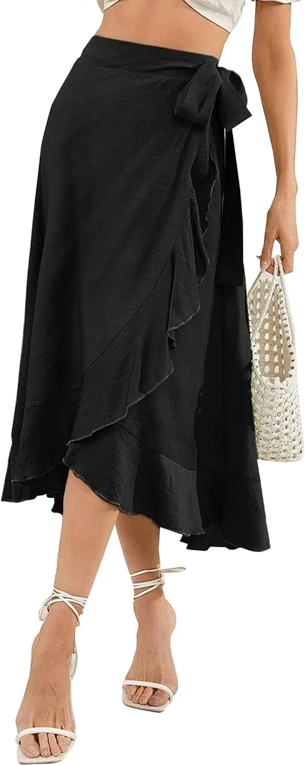Panegy Ruffle High Low Waist Flowy A Line Boho Skirt for Women Solid Color Floral Print Skirts