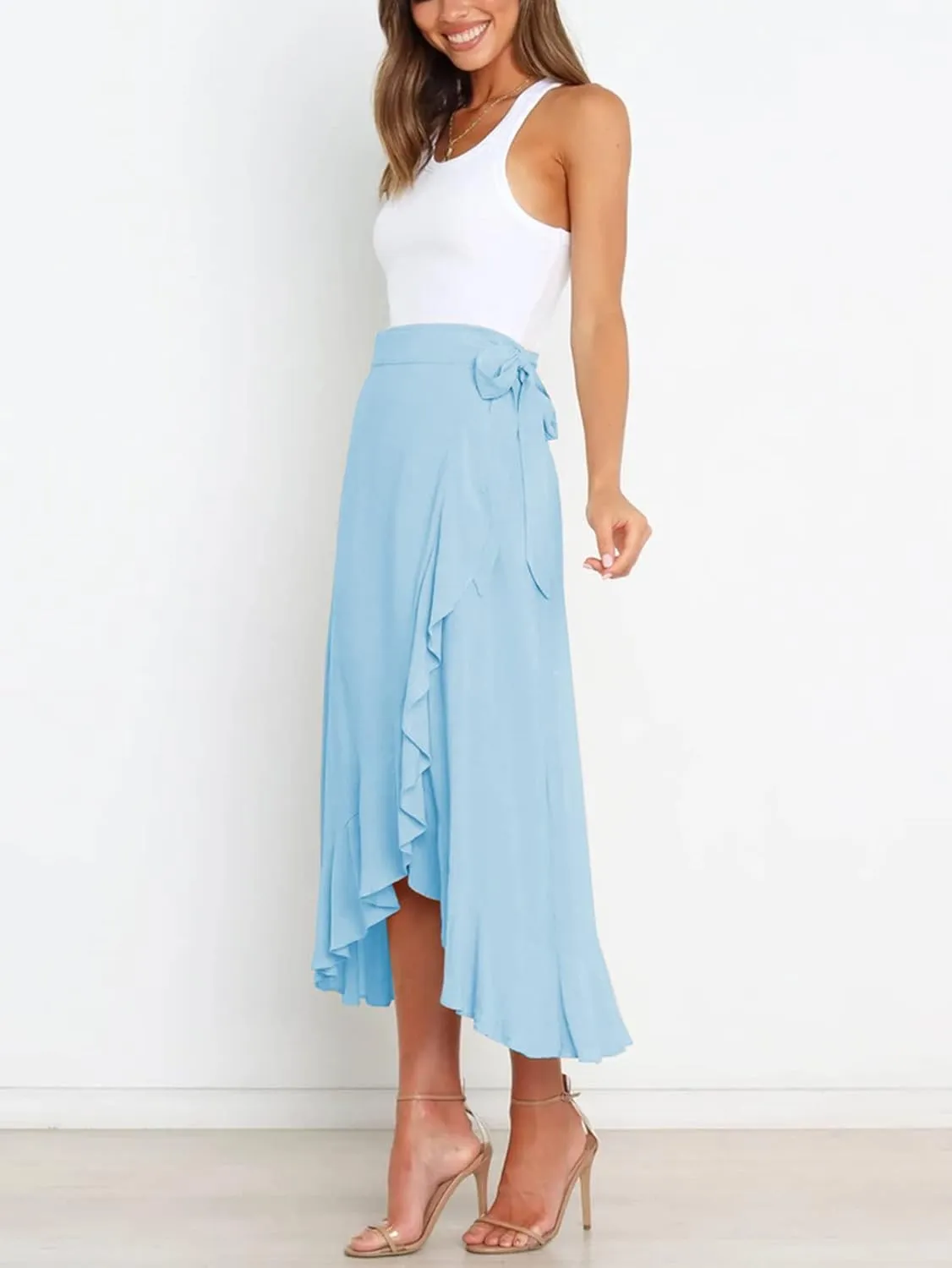 Panegy Ruffle High Low Waist Flowy A Line Boho Skirt for Women Solid Color Floral Print Skirts