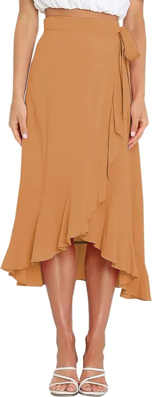 Panegy Ruffle High Low Waist Flowy A Line Boho Skirt for Women Solid Color Floral Print Skirts