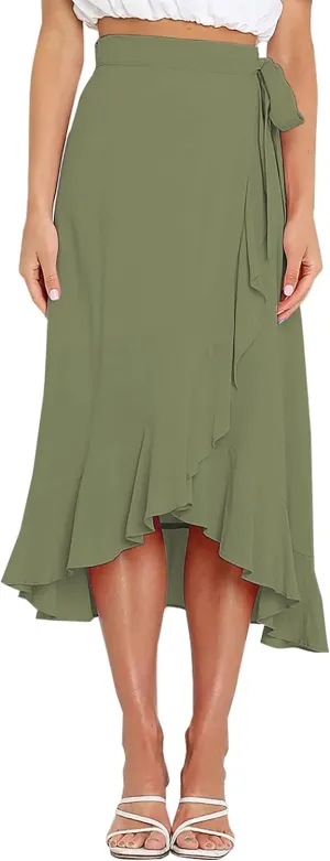 Panegy Ruffle High Low Waist Flowy A Line Boho Skirt for Women Solid Color Floral Print Skirts