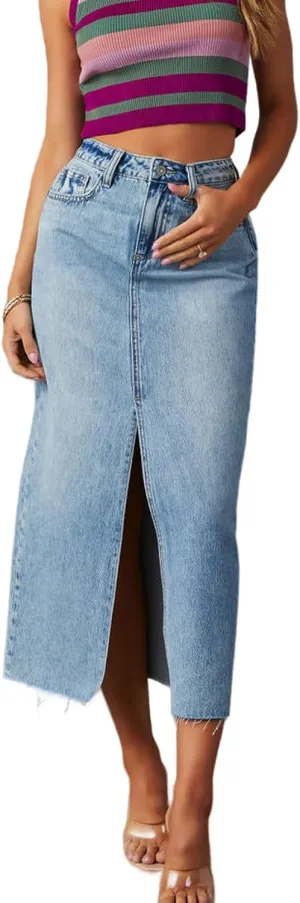 Perbai Womens Casual Long Denim Skirt High Waisted Split Midi Jean Pencil Skirts
