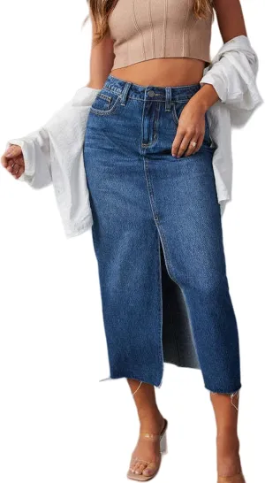 Perbai Womens Casual Long Denim Skirt High Waisted Split Midi Jean Pencil Skirts