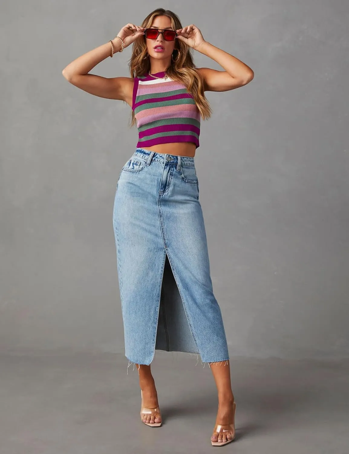 Perbai Womens Casual Long Denim Skirt High Waisted Split Midi Jean Pencil Skirts