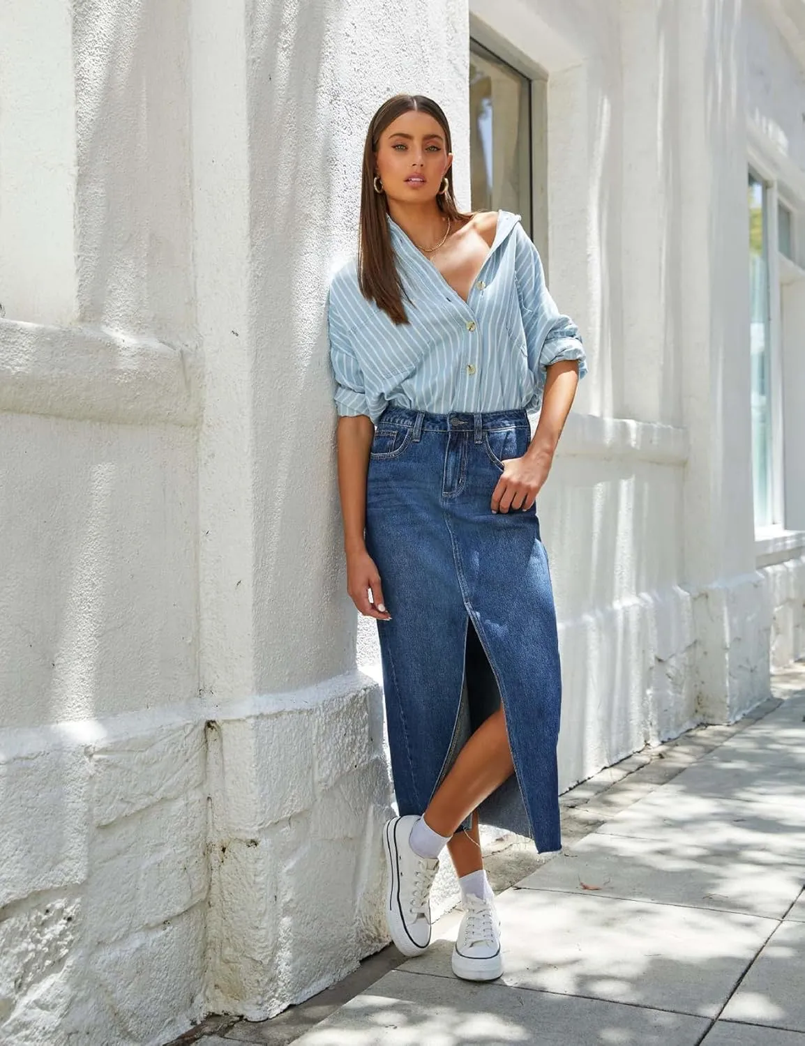 Perbai Womens Casual Long Denim Skirt High Waisted Split Midi Jean Pencil Skirts