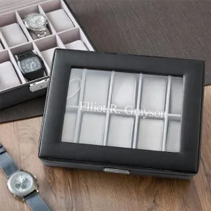Personalized Black Leather Watch Box