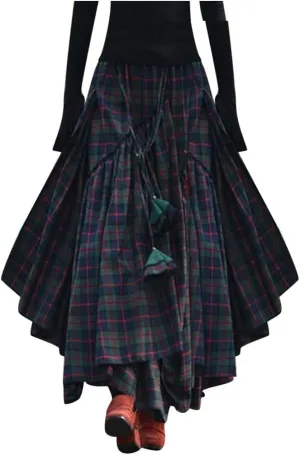 Plaid Skirt for Women, Womens Fashion Loose Fringe Irregular Skirt High Waist Long Skirt