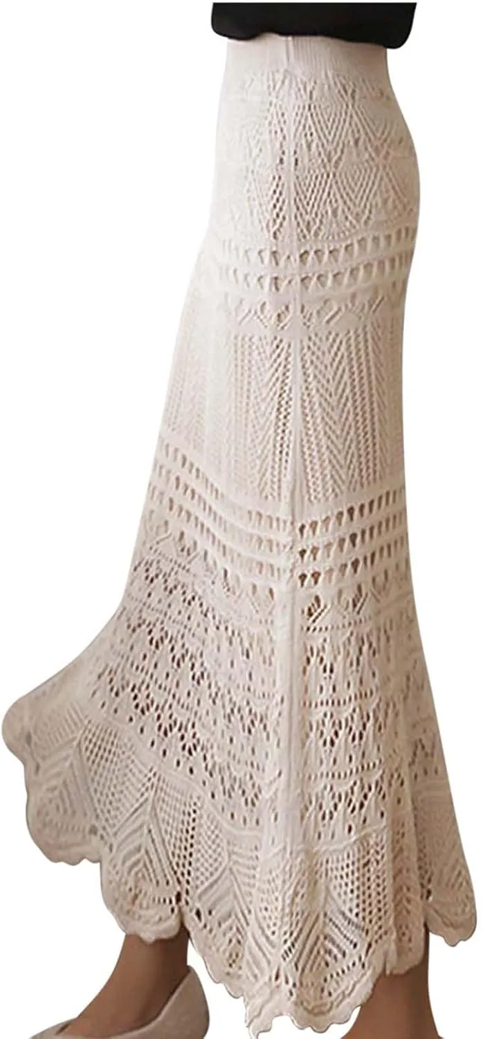 Plus Size Maxi Skirts for Women Casual Bodycon Crochet Skirt Ankle Length Summer Flowy Beach Boho Long Skirt