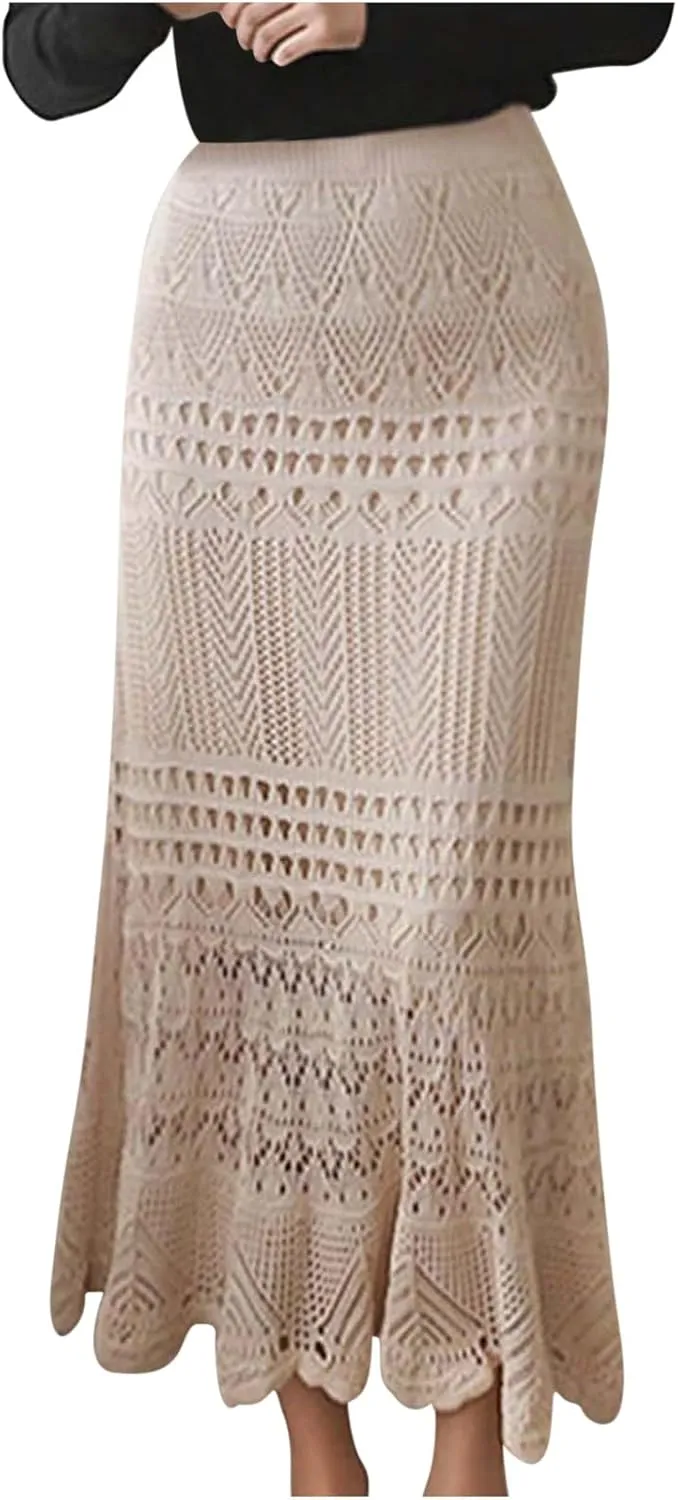 Plus Size Maxi Skirts for Women Casual Bodycon Crochet Skirt Ankle Length Summer Flowy Beach Boho Long Skirt