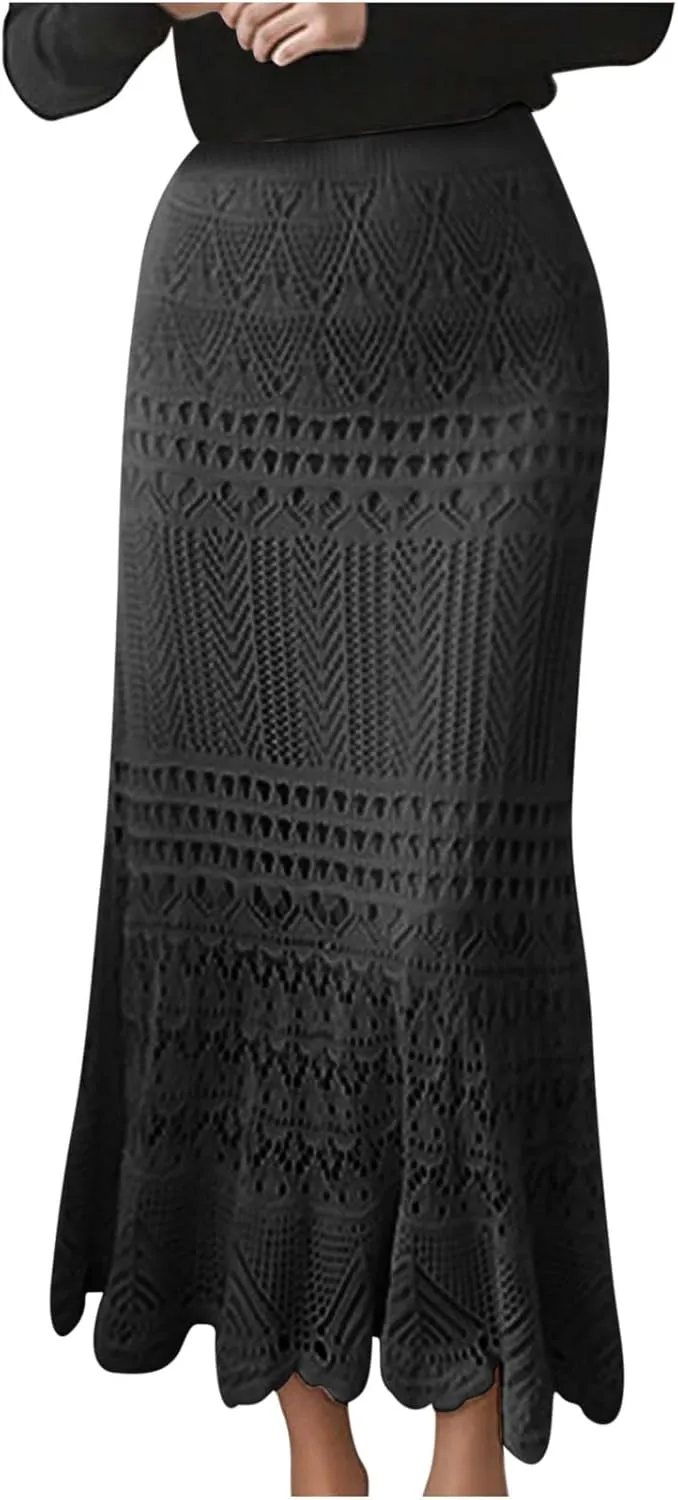 Plus Size Maxi Skirts for Women Casual Bodycon Crochet Skirt Ankle Length Summer Flowy Beach Boho Long Skirt