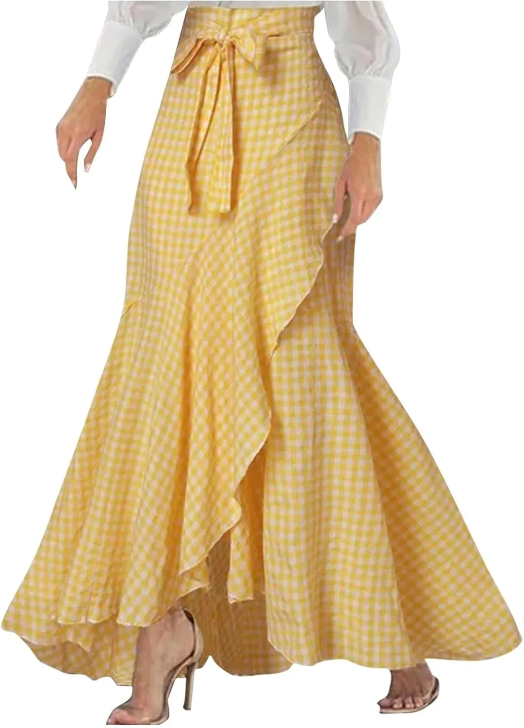 Plus Size Skirts for Women Ruffle Mermaid Skirt Flowy Long Plaid Skirts High Waisted Maxi Skirt Lace Up A Line Skirts