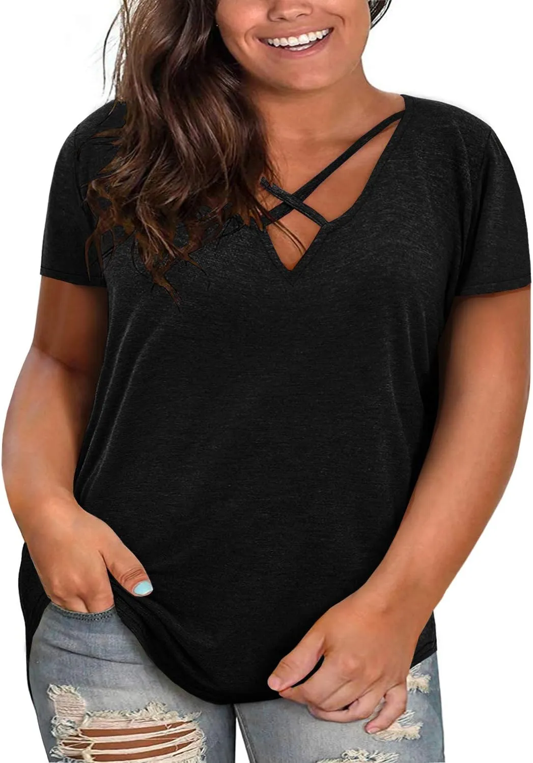 Plus Size Tops for Women Summer Short Sleeve Sexy V Neck Criss Cross T-Shirt Tunic Casual Loose Soft Tee Shirt