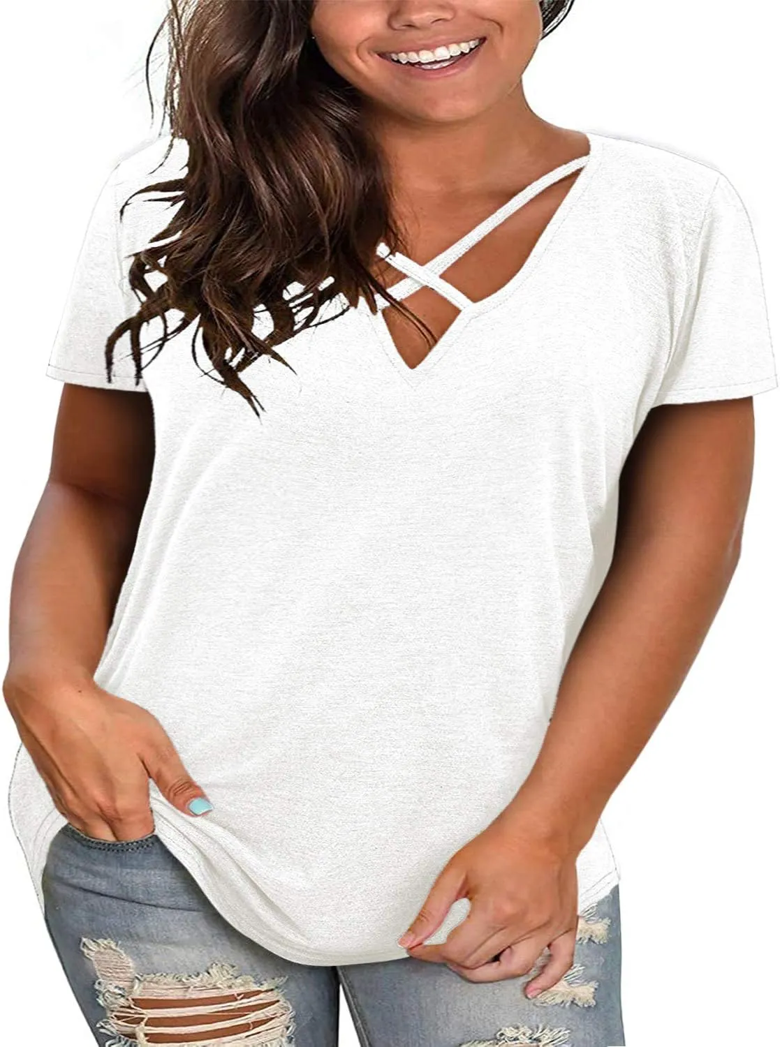 Plus Size Tops for Women Summer Short Sleeve Sexy V Neck Criss Cross T-Shirt Tunic Casual Loose Soft Tee Shirt