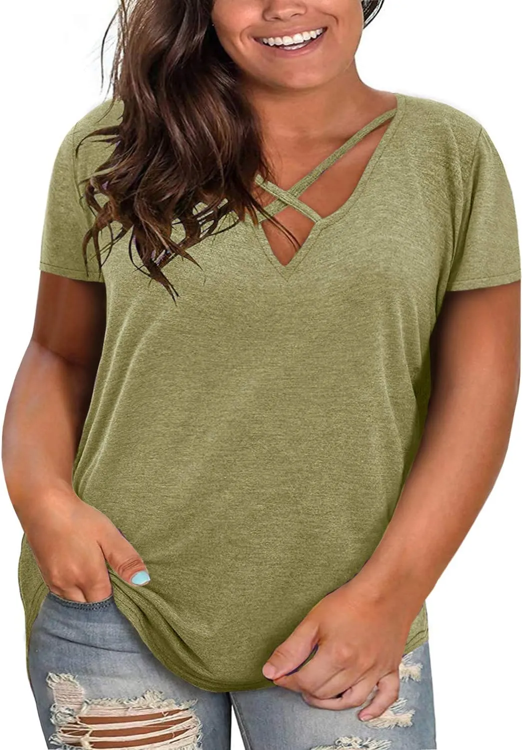Plus Size Tops for Women Summer Short Sleeve Sexy V Neck Criss Cross T-Shirt Tunic Casual Loose Soft Tee Shirt