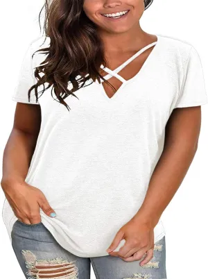 Plus Size Tops for Women Summer Short Sleeve Sexy V Neck Criss Cross T-Shirt Tunic Casual Loose Soft Tee Shirt