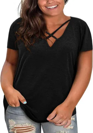 Plus Size Tops for Women Summer Short Sleeve Sexy V Neck Criss Cross T-Shirt Tunic Casual Loose Soft Tee Shirt