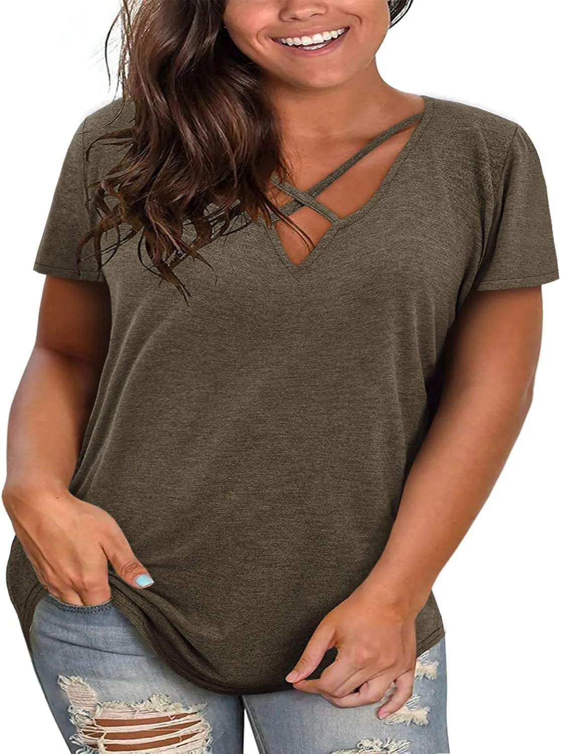 Plus Size Tops for Women Summer Short Sleeve Sexy V Neck Criss Cross T-Shirt Tunic Casual Loose Soft Tee Shirt