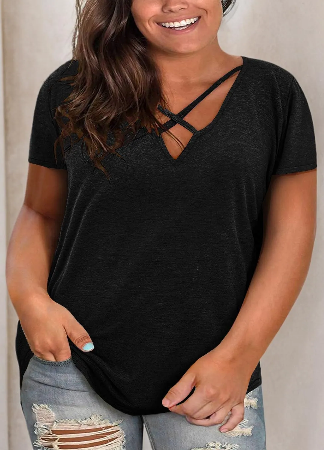 Plus Size Tops for Women Summer Short Sleeve Sexy V Neck Criss Cross T-Shirt Tunic Casual Loose Soft Tee Shirt