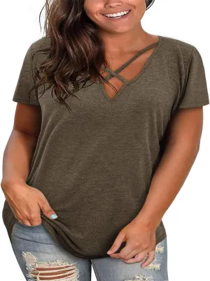Plus Size Tops for Women Summer Short Sleeve Sexy V Neck Criss Cross T-Shirt Tunic Casual Loose Soft Tee Shirt
