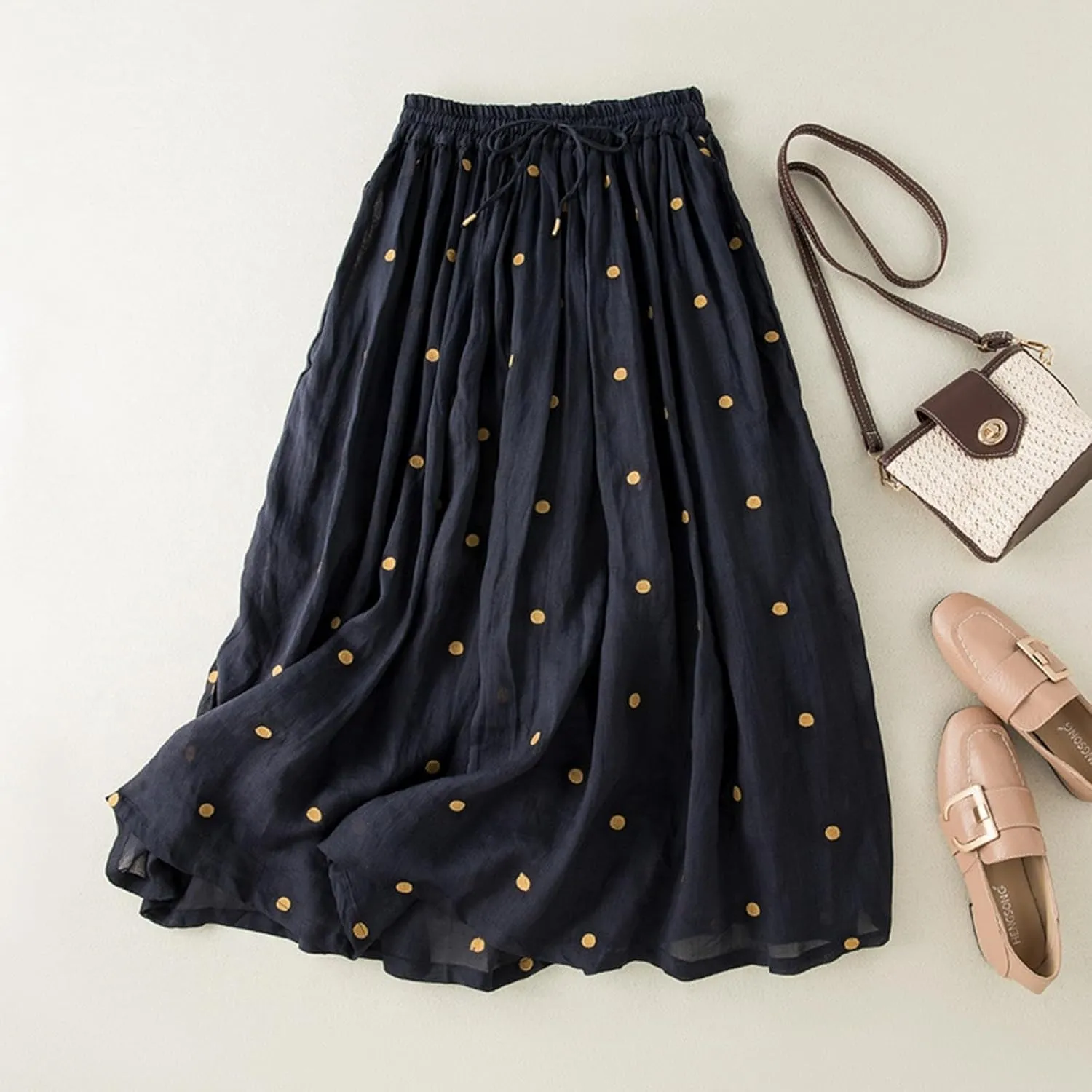 Polka Dot Tulle Skirts for Women 2025 Summer Drawstring High Waisted Elegant Flowy A-Line Swing Pleated Boho Midi Long Skirt