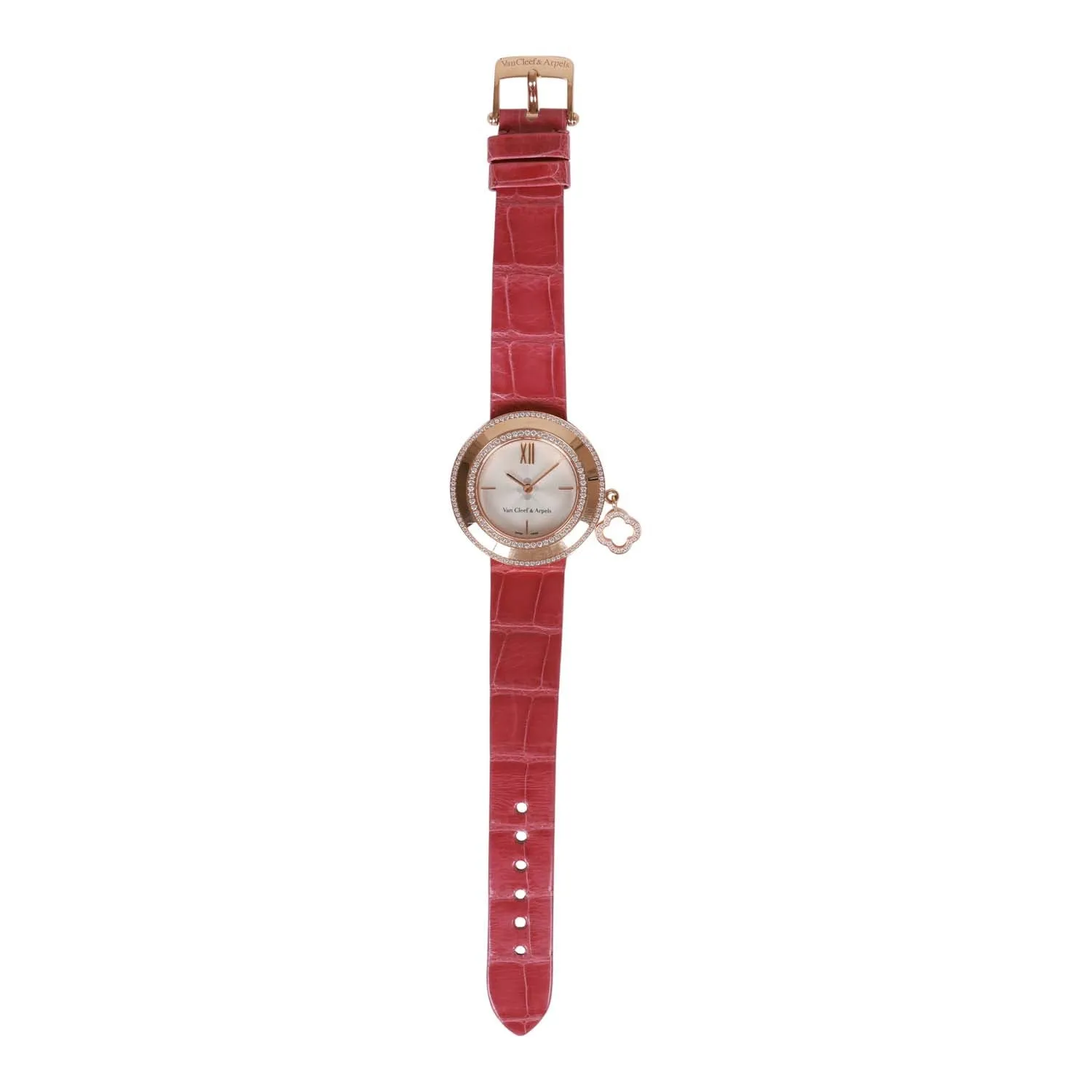 Pre-owned Van Cleef & Arpels Diamond Charm Watch Rose Gold and Pink Alligator