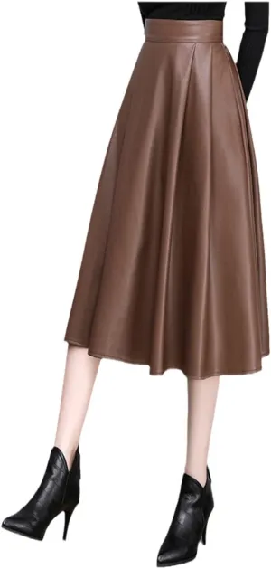Pu Leather Vintage Midi Skirt Womens High Waist Elegant A Line Pleated Skirts