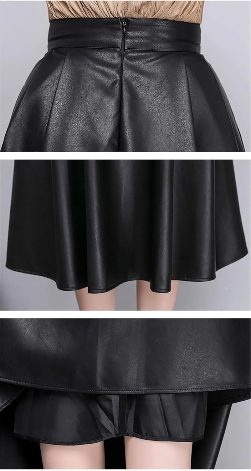 Pu Leather Vintage Midi Skirt Womens High Waist Elegant A Line Pleated Skirts