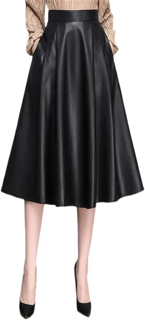 Pu Leather Vintage Midi Skirt Womens High Waist Elegant A Line Pleated Skirts