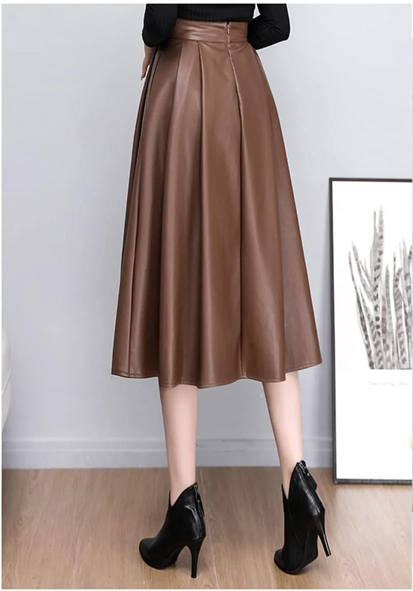 Pu Leather Vintage Midi Skirt Womens High Waist Elegant A Line Pleated Skirts