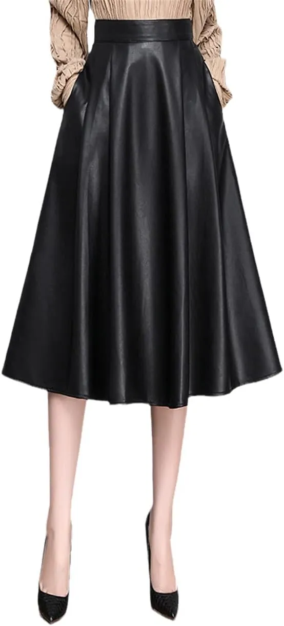 Pu Leather Vintage Midi Skirt Womens High Waist Elegant A Line Pleated Skirts