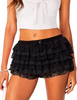 Rapbin Womens Lolita Bloomers Cute Ruffle Shorts Layered Lace Skirts Elastic Waist Bow Front Y2k Micro Boyshorts