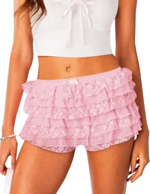 Rapbin Womens Lolita Bloomers Cute Ruffle Shorts Layered Lace Skirts Elastic Waist Bow Front Y2k Micro Boyshorts
