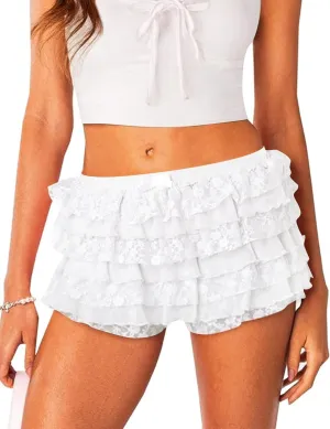 Rapbin Womens Lolita Bloomers Cute Ruffle Shorts Layered Lace Skirts Elastic Waist Bow Front Y2k Micro Boyshorts