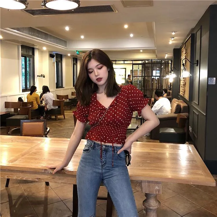 Retro Red Polka Dot Puff Sleeves Blouse
