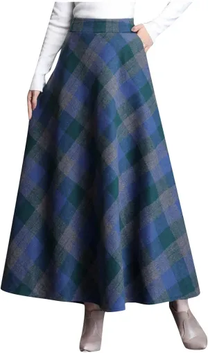 Retro Woolen Blend Plaid Skirt for Women Flowy High Waisted Long Skirts Comfy Pleated A-line Maxi Skirt