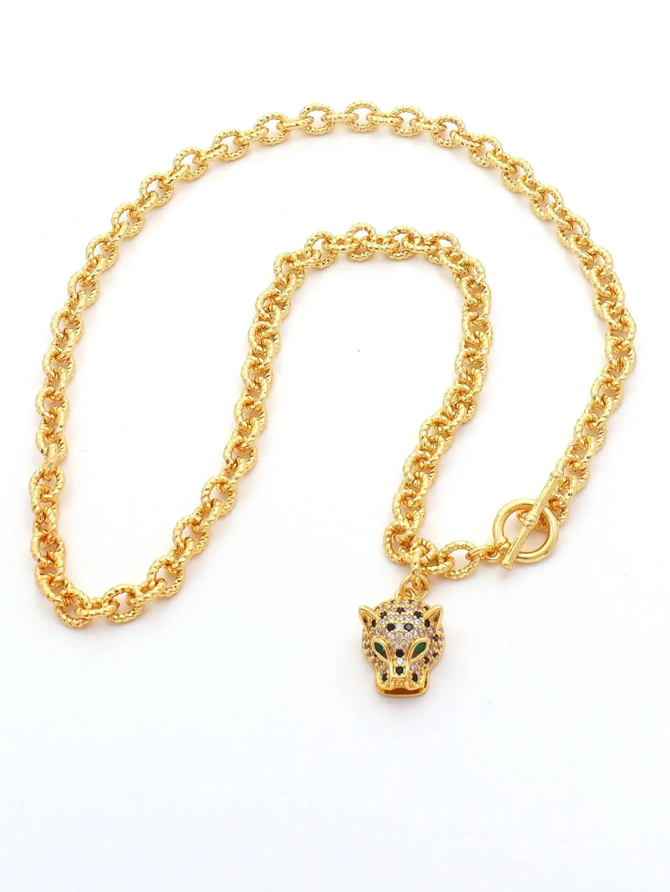 Rhinestone Leopard Head Charm OT Buckle Necklace