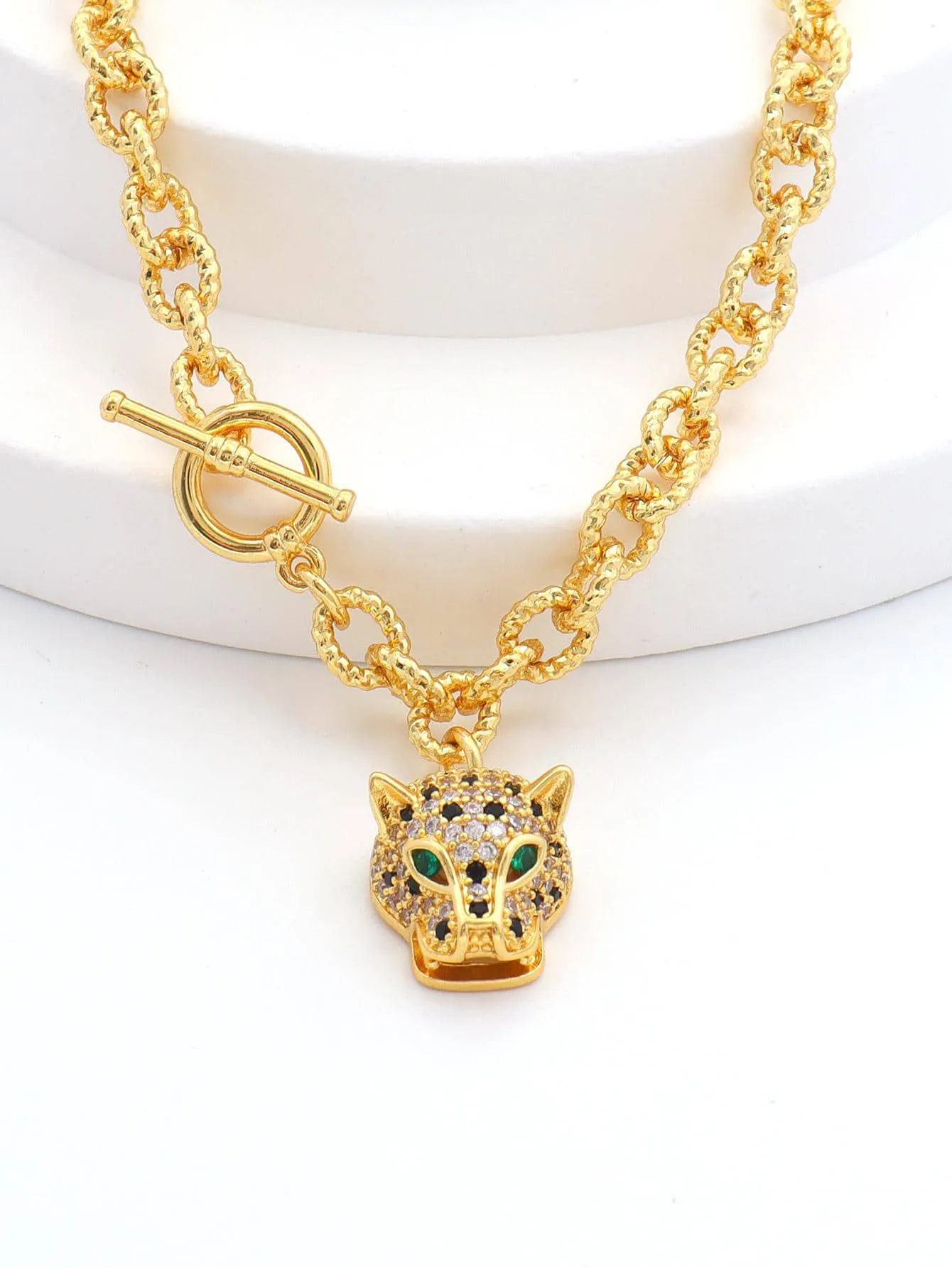 Rhinestone Leopard Head Charm OT Buckle Necklace