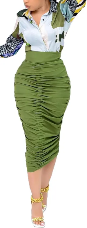 Ruched Skirts for Women High Waist Casual Pleated Elastic Waisted Sexy Pencil Bodycon Skirt
