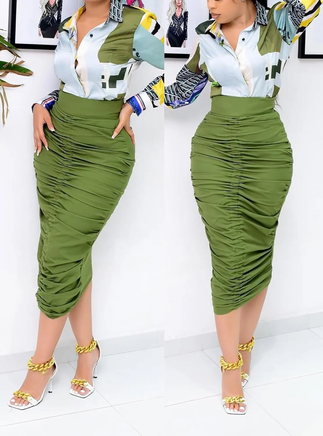 Ruched Skirts for Women High Waist Casual Pleated Elastic Waisted Sexy Pencil Bodycon Skirt
