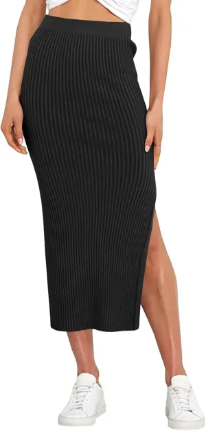 Runcati Women's Bodycon Knitted Pencil Skirts Elastic Split High Waisted Midi Skirt