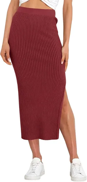 Runcati Women's Bodycon Knitted Pencil Skirts Elastic Split High Waisted Midi Skirt