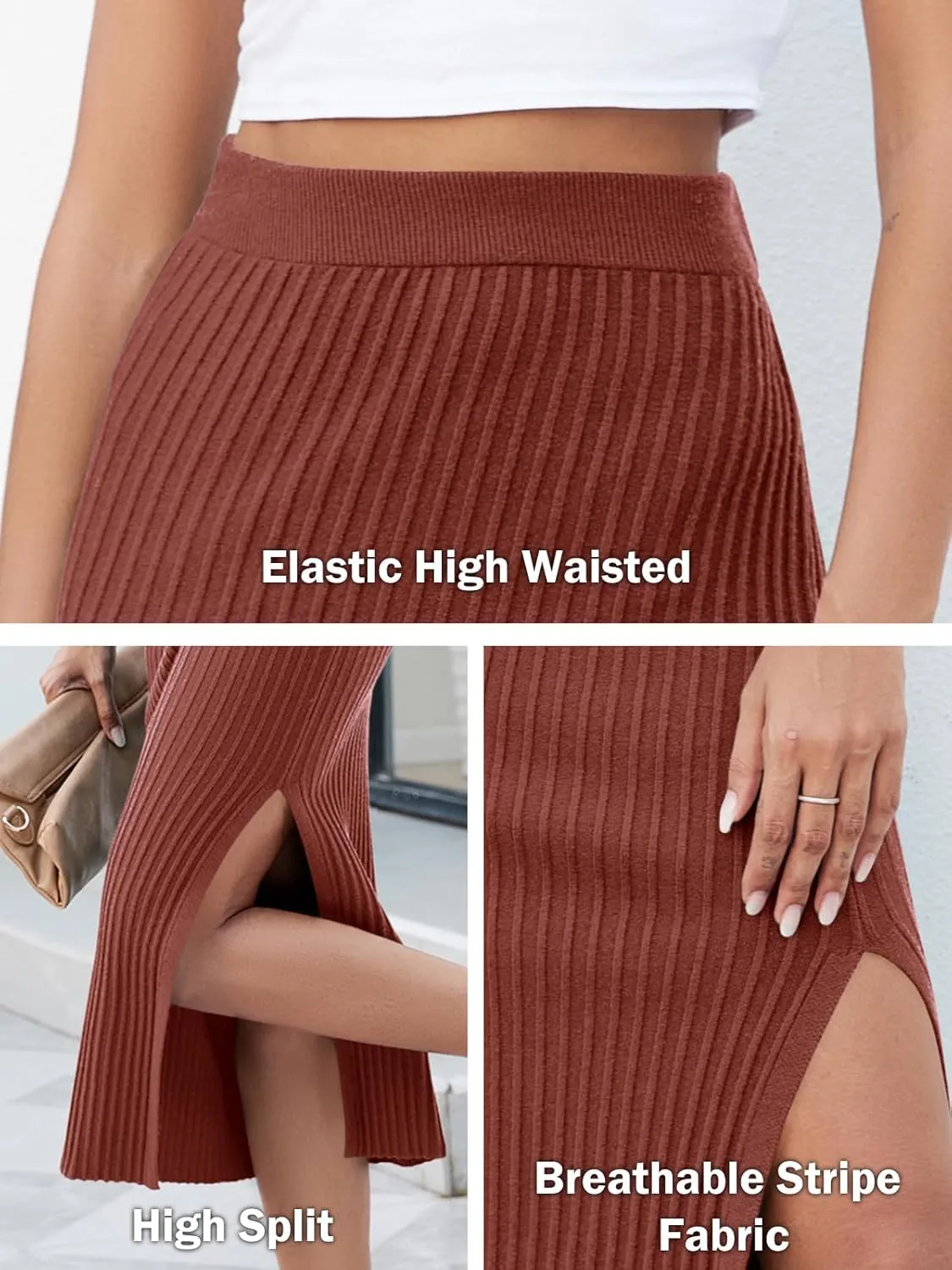 Runcati Women's Bodycon Knitted Pencil Skirts Elastic Split High Waisted Midi Skirt