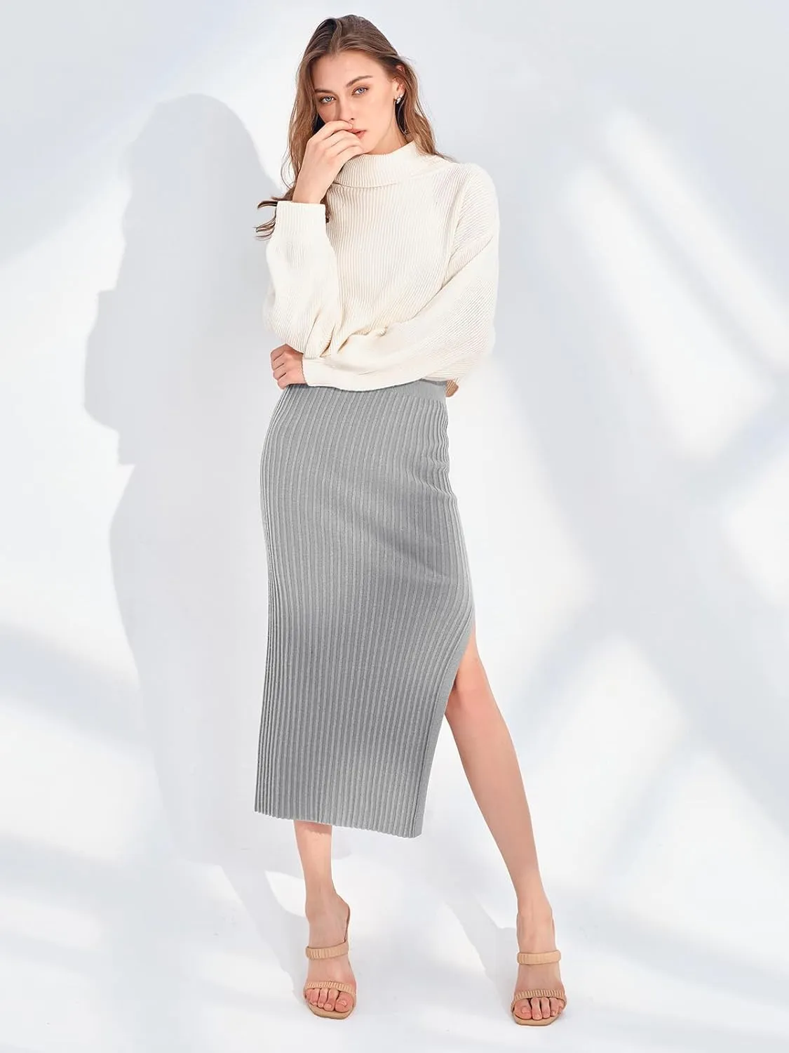 Runcati Women's Bodycon Knitted Pencil Skirts Elastic Split High Waisted Midi Skirt