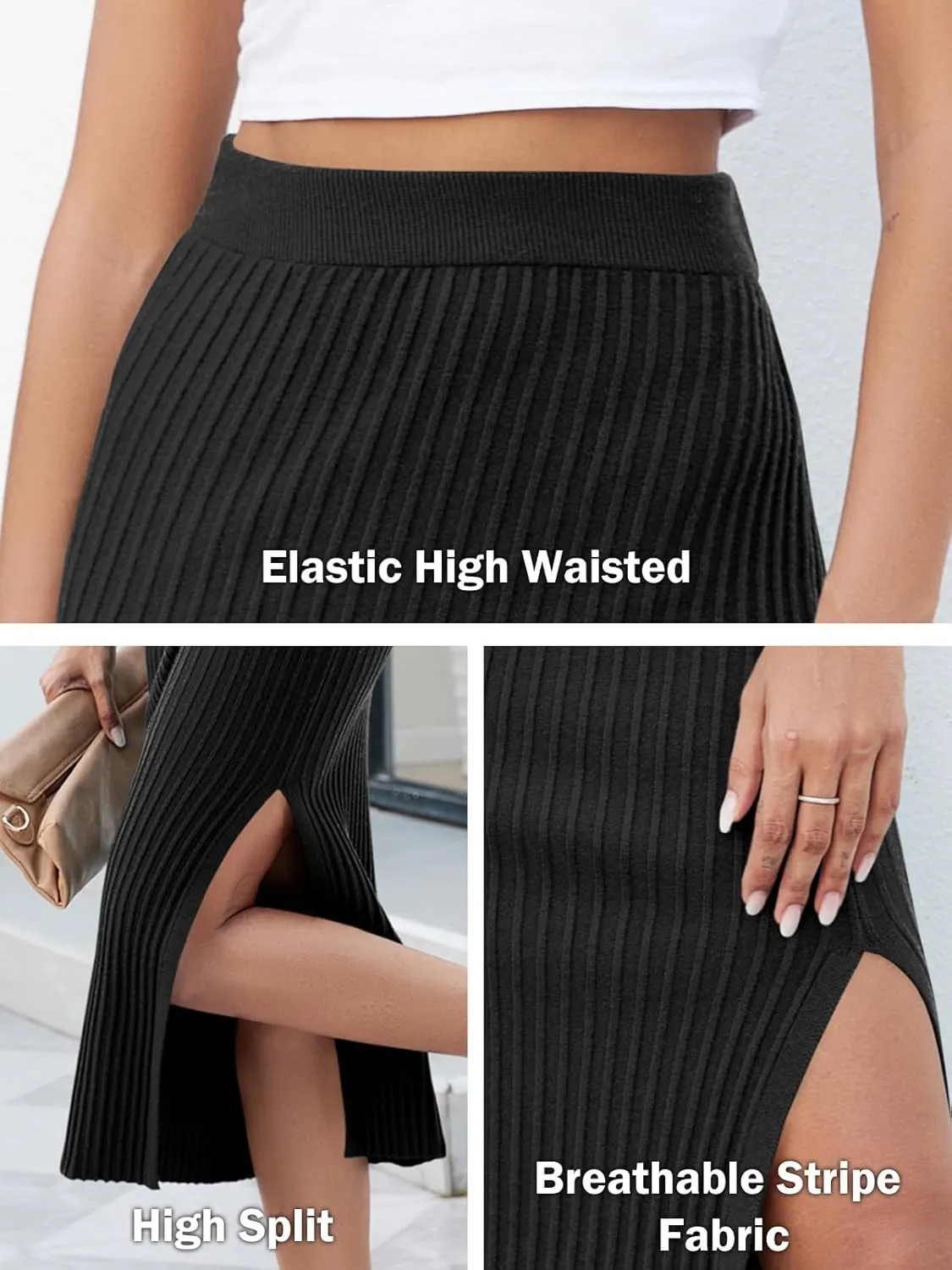 Runcati Women's Bodycon Knitted Pencil Skirts Elastic Split High Waisted Midi Skirt