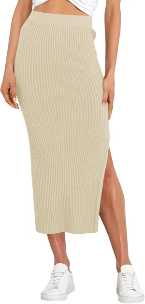 Runcati Women's Bodycon Knitted Pencil Skirts Elastic Split High Waisted Midi Skirt