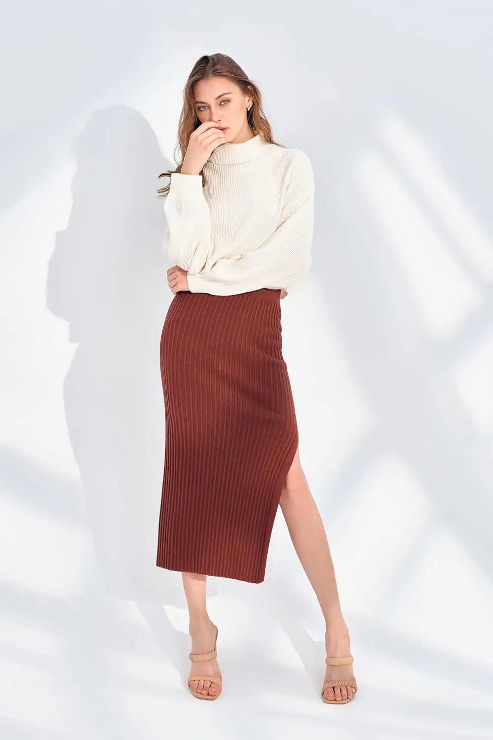 Runcati Women's Bodycon Knitted Pencil Skirts Elastic Split High Waisted Midi Skirt